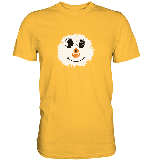 Smiley listen to Bitcoin handshake - (Ladies Collection 21% Rabatt bis zum Halving 2024)  - Premium Shirt