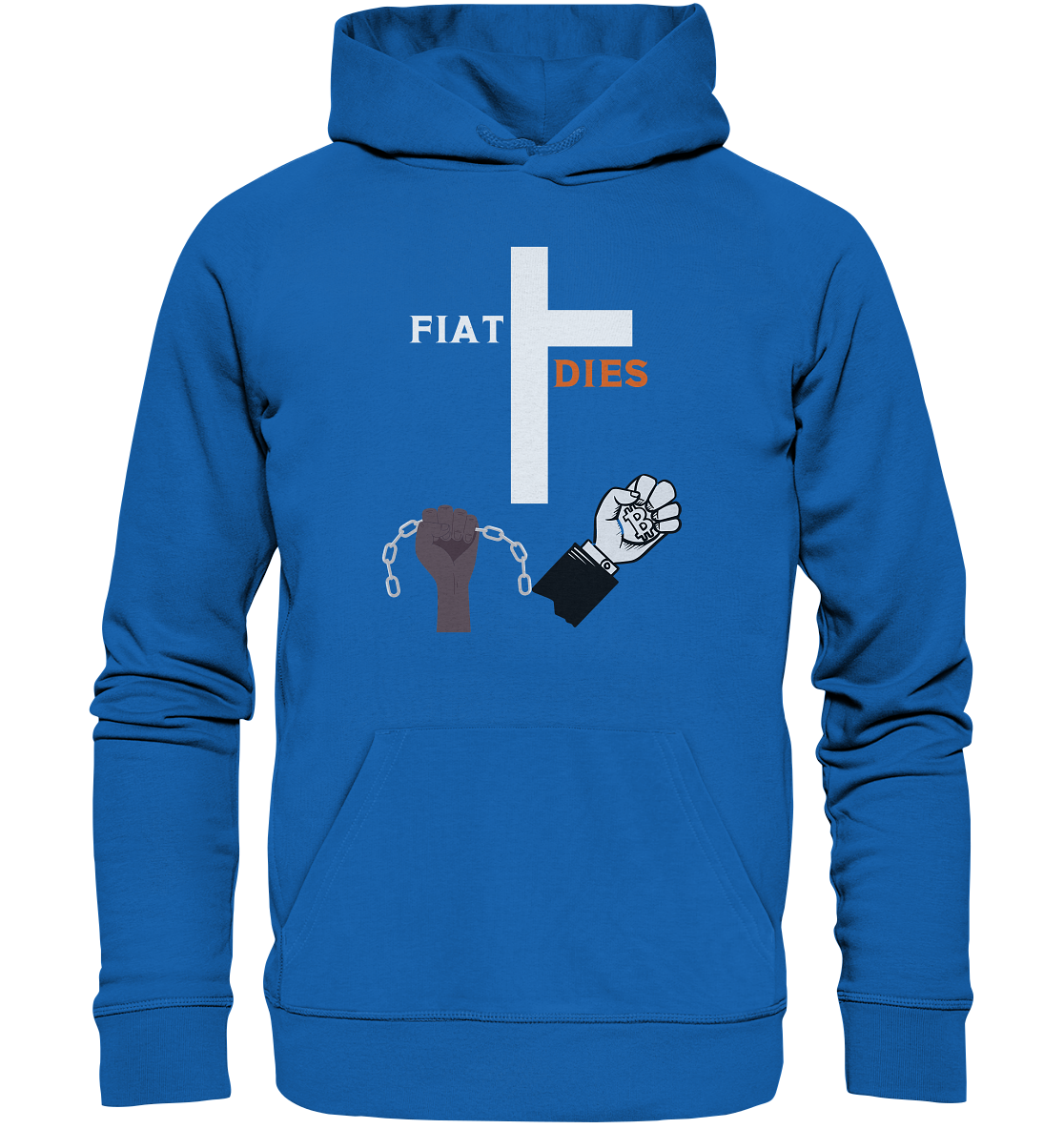 FIAT DIES (Kreuz + gesprengte Ketten & Hand mit Bitcoin) - Premium Unisex Hoodie