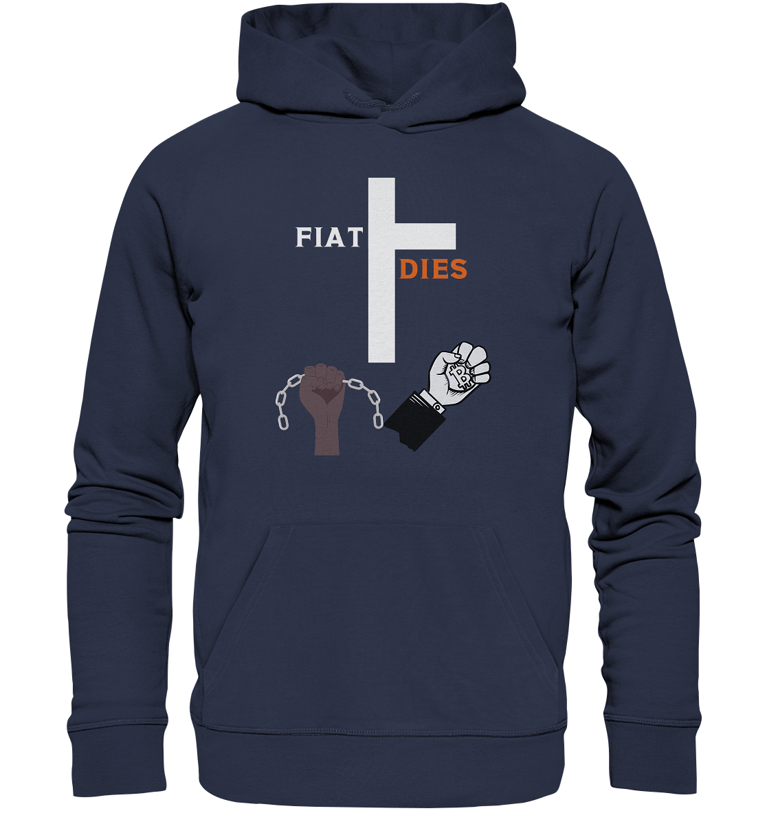 FIAT DIES (Kreuz + gesprengte Ketten & Hand mit Bitcoin) - Premium Unisex Hoodie