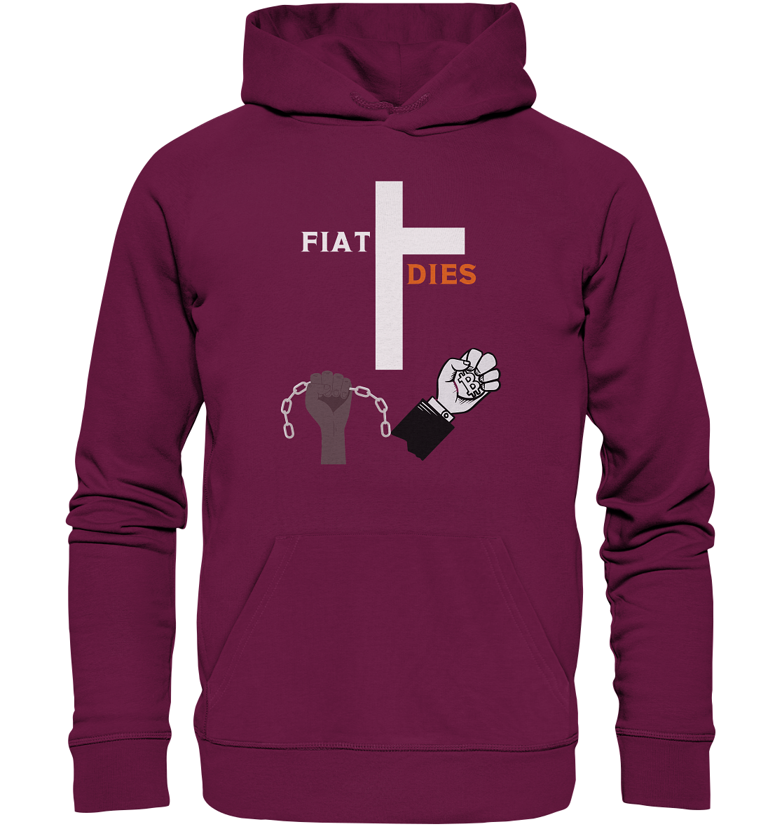 FIAT DIES (Kreuz + gesprengte Ketten & Hand mit Bitcoin) - Premium Unisex Hoodie