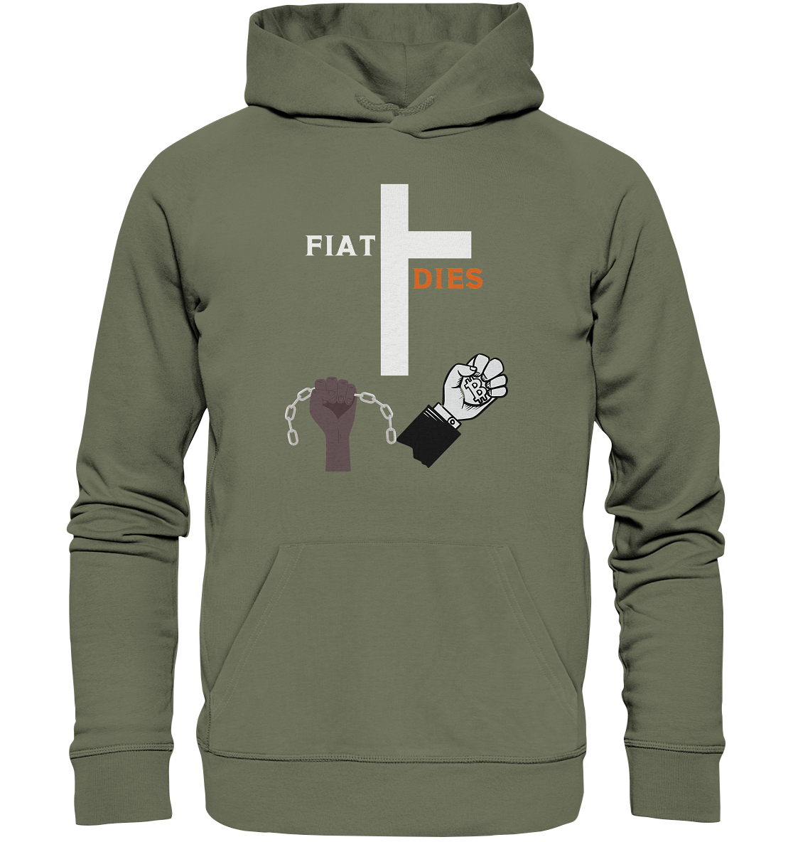 FIAT DIES (Kreuz + gesprengte Ketten & Hand mit Bitcoin) - Premium Unisex Hoodie