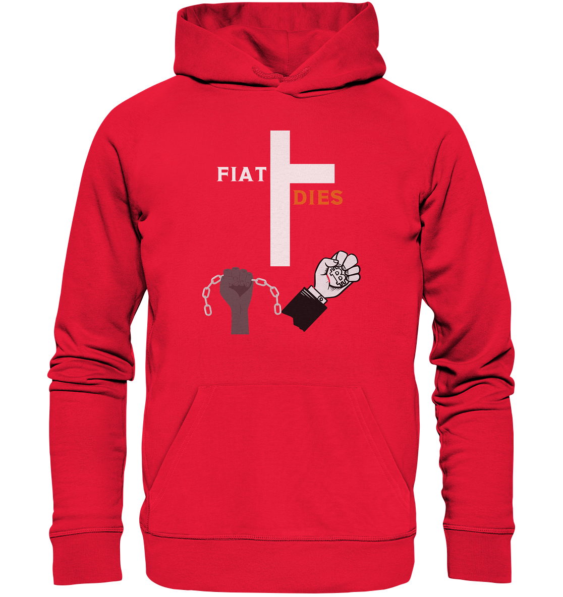 FIAT DIES (Kreuz + gesprengte Ketten & Hand mit Bitcoin) - Premium Unisex Hoodie
