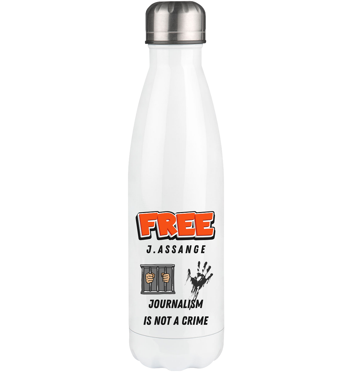 FREE ASSANGE  - JOURNALISM IS NOT A CRIME (2 Grafiken, jail & hand) - Thermoflasche 500ml