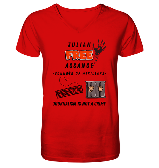 JULIAN FREE ASSANGE - FOUNDER OF WIKILEAKS - JOURNALISM IS NOT A CRIME (GRAFIKEN, Tastatur, Zelle, Hand))  - V-Neck Shirt